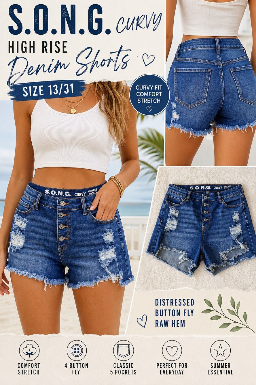 S.O.N.G Curvy High Rise Distressed Denim Shorts Button Fly Size 13 31